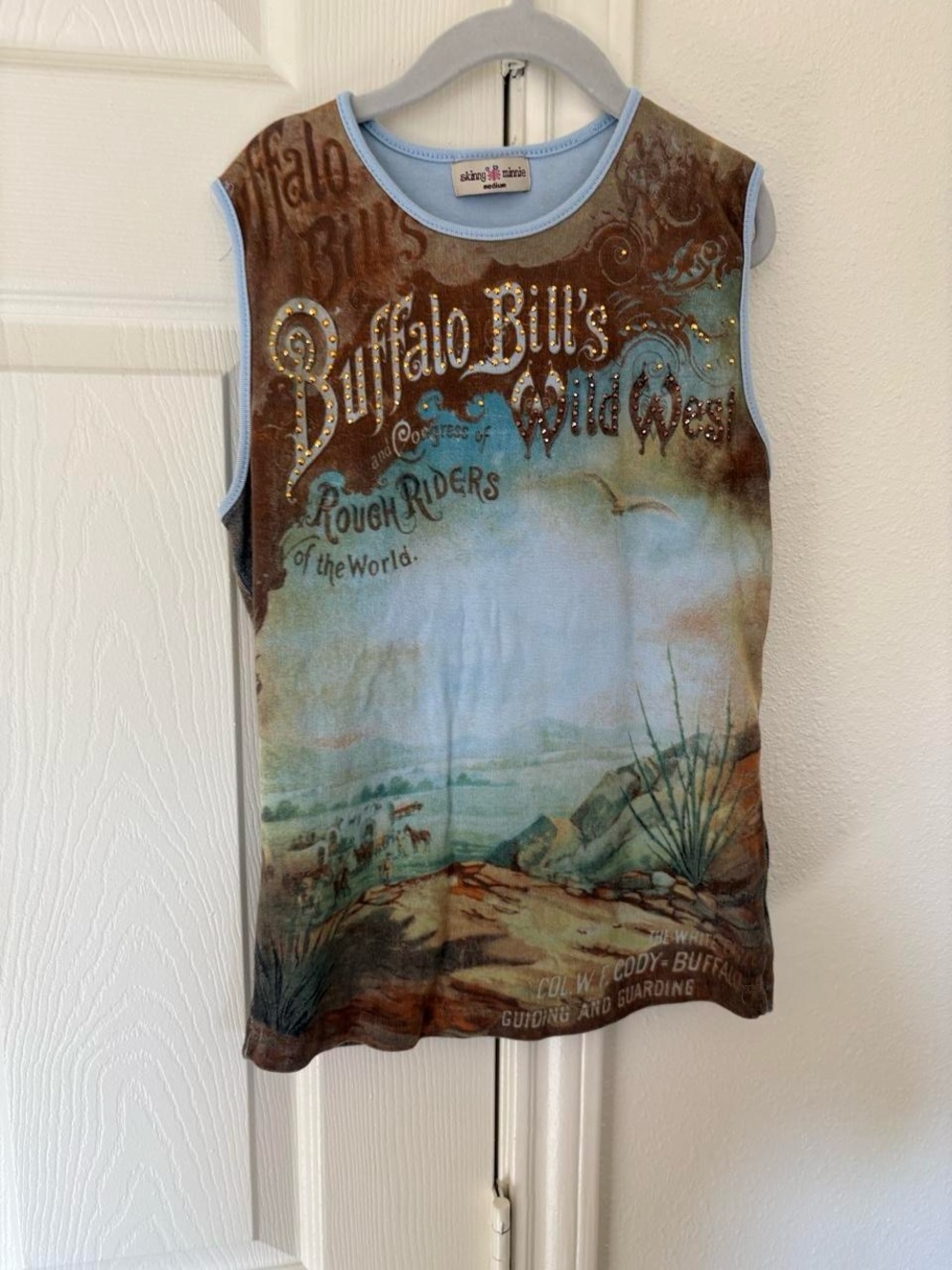 Skinny Minnie Y2K Light Blue and Brown Buffalo Bill's Wild West Graphic Tank